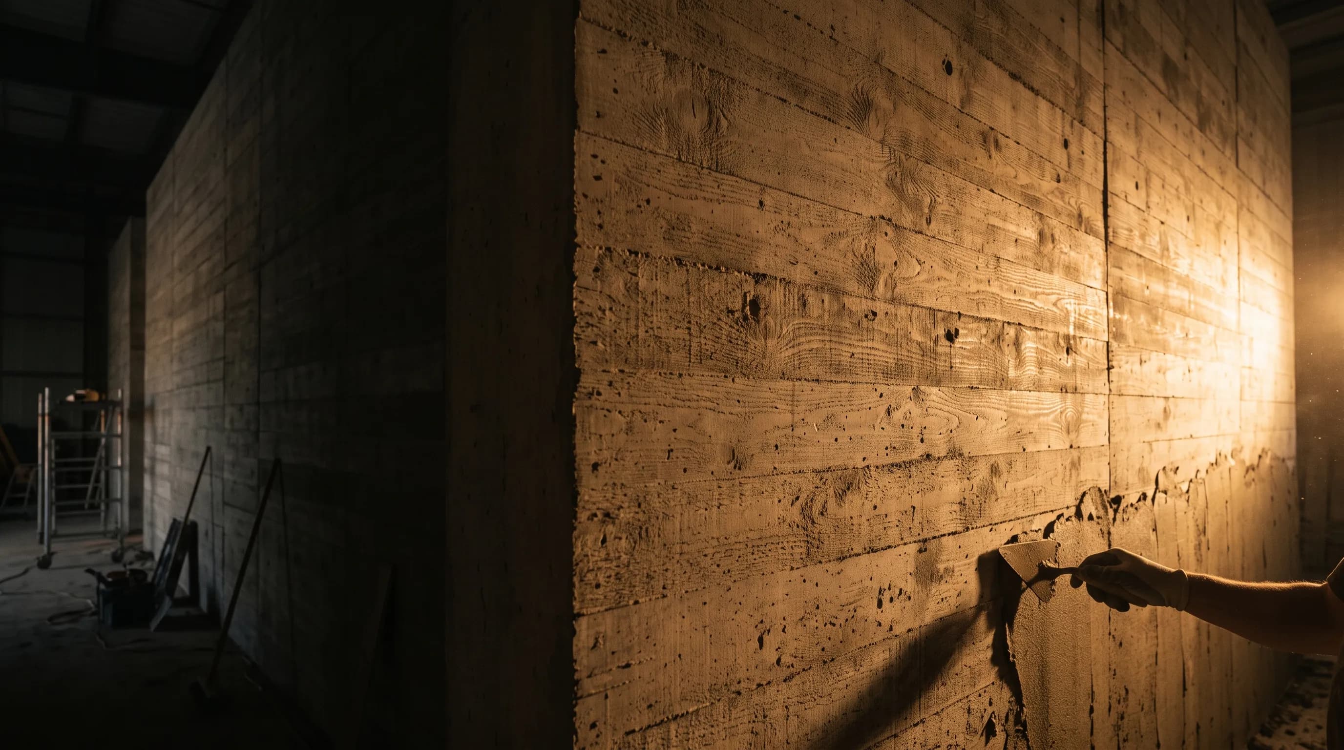Mur en béton brut coffré éclairé par une lumière rasante, un maçon TERRA & Fils lissant le mortier