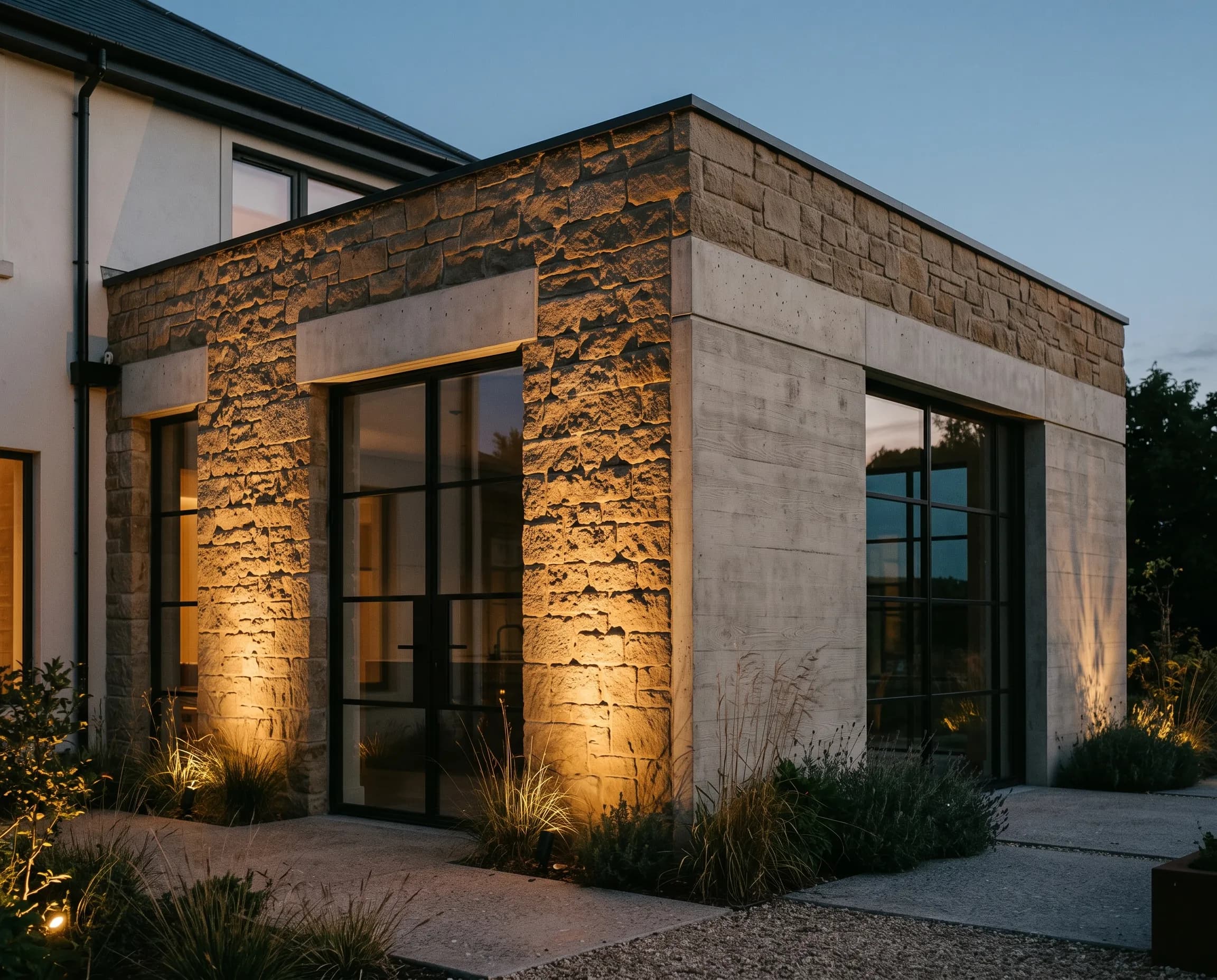 Extension latérale 55 m² en Ytong + façade grès — Hesperange
